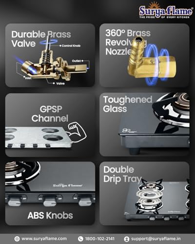 Surya Flame Creta Pro Gas Stove 4 Burners Glass Top | 5 Years Warranty | 4 Burner Stove, 4 Burner Gas Stove Glass Top with Experia Burners, Jumbo... - Image 3