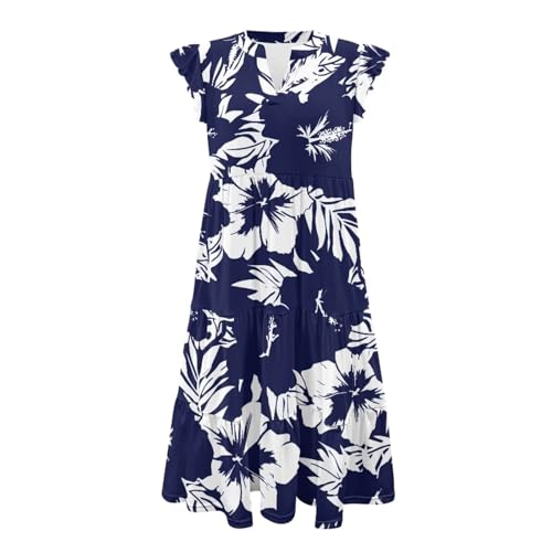 Image of Womens Summer Dress Ruffle Sleeve V Neck Dress Casual Fit Flowy Beach Vacation Sundress with Pocket S-2XL