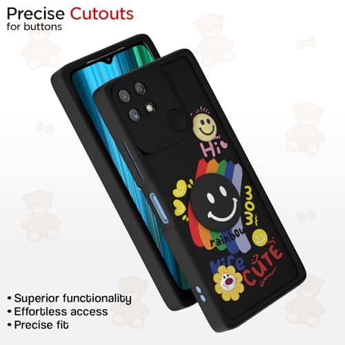Image of Pikkme Back Cover for Realme Narzo 50A | Soft Silicone| Cute Rainbow Smile & 3D Cartoon Flower Design | Shockproof Raised Camera Protection Bumper Case (Black)