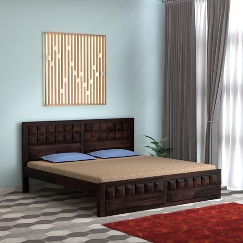 Image of Solid Sheesham Wood Queen Size Bed Without Storage | Wooden Double Bed Cot Bed for Bedroom Furniture | Palang Double Bed for Hotels | Walnut