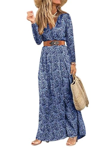 Woolicity Womens Summer Maxi Dress Boho Floral Wrap V Neck Long Sleeve Beach Flowy Long Dresses Blue M