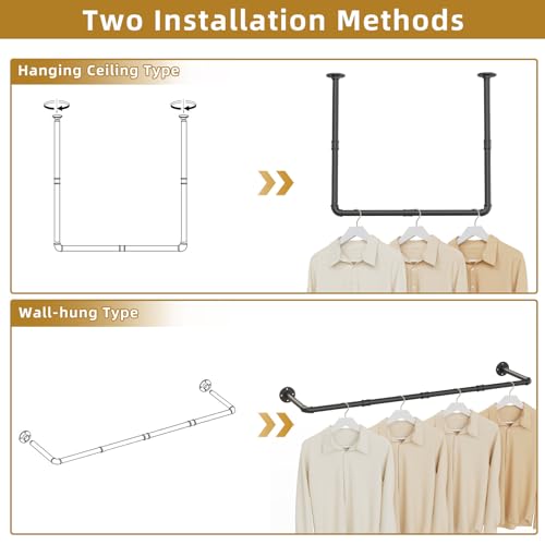 YheenLf Kleiderstange Deckenmontage schwarz aus Metall, Garderobenstange Deckenmontage 30 kg Traglast, in Handarbeit hergestellt & pulverbeschichtet, Hängende Kleiderstange B69cm x H60cm