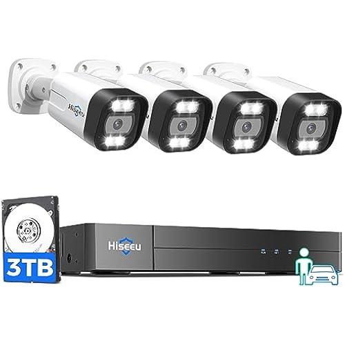 [3TB HDD] Hiseeu 4K PoE Security Camera System, 4 Pcs 5MP PoE IP Security Camera Outdoor Indoor, Human Vehicle Detect, 2 Way Audio, Color Night Vision, IP 66 Waterproof, 0 Monthly Fees, Remote Access