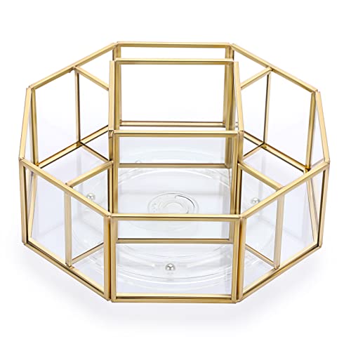 Hipiwe 360 Degree Rotating Glass Makeup Organizer- 5 Slots Gold Metal Cosmetic Storage Display Holder Octagon Dresser Bathroom Spinning Vanity Organizer For Makeup Brushes Lipsticks Perfume