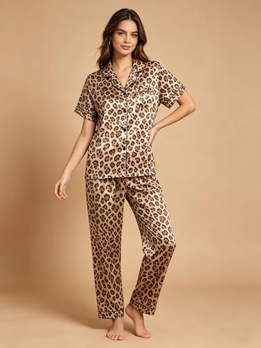 Image of 3 Piece Silk Satin Pajama Set for Women Soft Short Sleeve Button Down Pjs with Shorts Long Pants Sleepwear S-XXXL