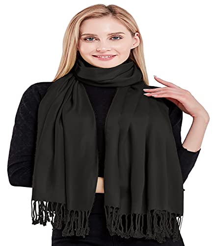 CJ Apparel Black Solid Color Tassels Design Nepalese Shawl Seconds Scarf Wrap Stole Throw Head Wrap Pashmina Hand Made in Nepal New4