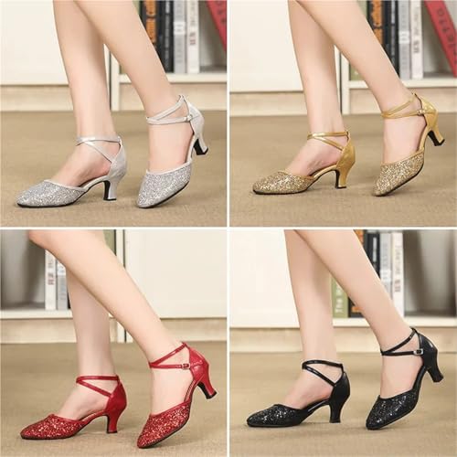 Women's Latin Dance Shoes Women Dance Shoes Square Latin Mid-high Heels Social Soft Sole Dance Shoes for Latin, Salsa, Samba, Chacha(5.5cm Silver Rubber Sole,40)4