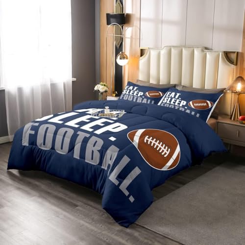 Image of Feelyou Rugby Comforter American Football Sports Bedding Set for Boys Girls Women Men Blue Eat Sleep Football Comforter Set Ball Games Room Decor Toddler Size Quilt Set 2Pcs