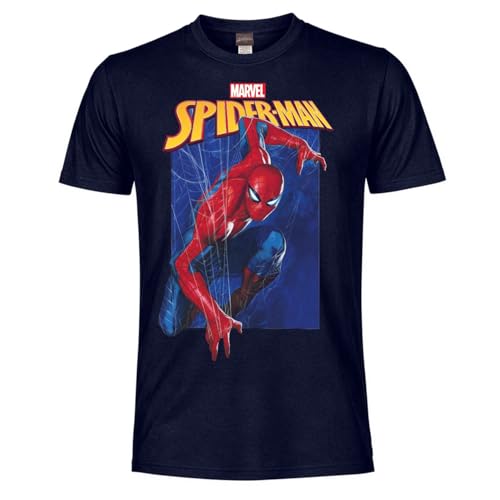 Spiderman - Spider Action - T Shirt Uomo. Maglia Spider-Man Ufficiale in Cotone. Maglietta Marvel vestibilità Regular per Uomo e Ragazzo L
