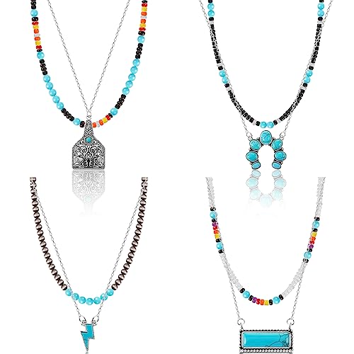 8 Pcs Western Necklaces Western Jewelry for Women Turquoise 4 Turquoise Boho Necklaces and 4 Beaded Choker for Christmas