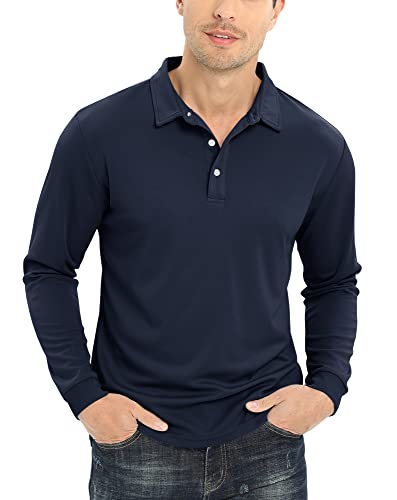 EKLENTSON Long Sleeve Sport Polo Shirts for Men Solid Color Polyester Golf T Shirt Quick Dry Summer Casual Polo Navy,L