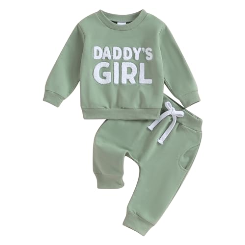 Carolilly Set di abbigliamento per neonata, 2 pezzi, con scritta in lingua inglese "Daddy's Girl" e ricamo a maniche lunghe + pantaloni da taschino con elastico in vita, per bambini, Verde, 6-12