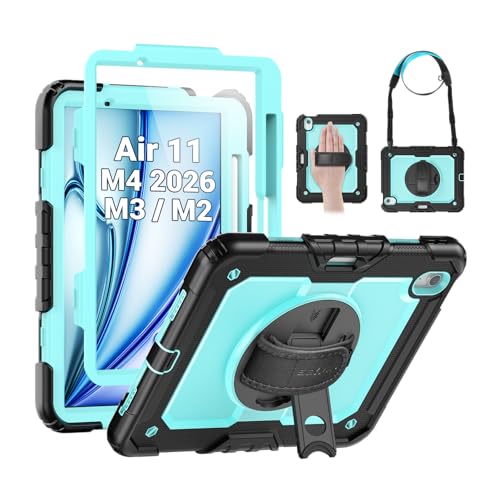 Image of SEYMAC Case for iPad Air 11 Inch M4 / M3 / M2 (2026 /2025 / 2024), Heavy Duty Shockproof Protective Case with Screen Protector, 360 Rotating Stand and Hand /Shoulder Strap, Light Blue