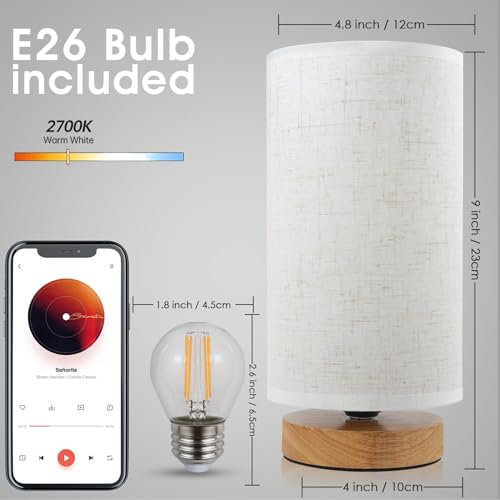 Minimalist Bedside Lamp with Round Linen Shade for Bedroom, Kids Room, Dorm, and Office