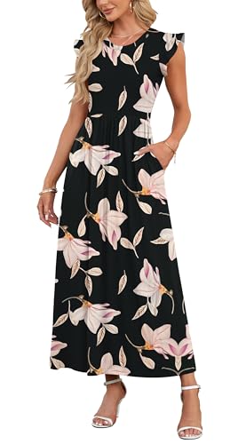 AUSELILY Damen Sommer Rundhalsausschnitt Maxi Kleid mit Taschen Kurzarm und Rüschen Lässiges Hohe Taille Langes Lockeres Bodenlanger Rock