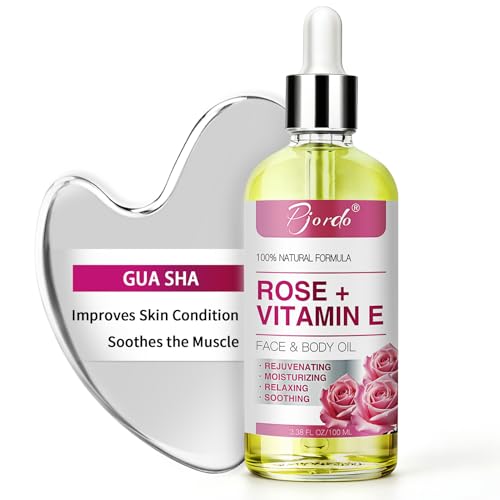 Pjordo Vitamin E Rose Oil & Stainless Steel Gua Sha Facial Tools Set, Gua Sha & Vitamin E Oil for...