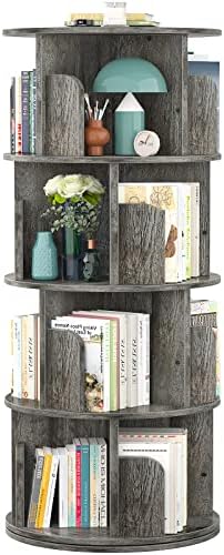 Aheaplus Rotating Bookshelf, 360 Display Corner Bookshelf for Small Space, 4 Tier Floor Standing Bookcase Storage Rack, Wood Narrow Book Shelf Organizer for Bedroom, Living Room, Study Room, Grey Oak