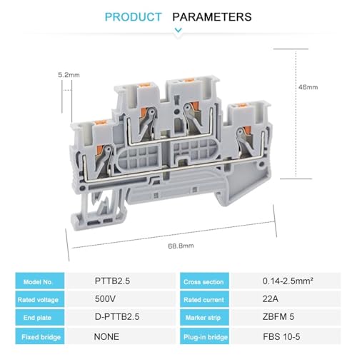Bloque de terminales PTTB2.5 doble nivel, 2,5 mm² a presión para riel DIN, 10 uds 3