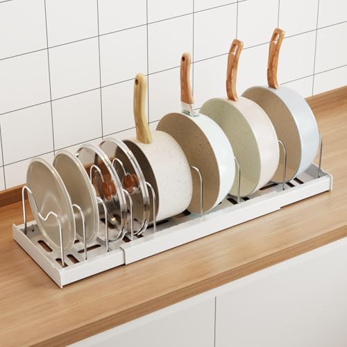 Organizador de Panelas Expansível, Suporte para pratos, Organizador de Tampa de Panela com 9 Prateleiras Ajustáveis ​​em Aço Inoxidável, Organizador de Plástico de Armario Cozinha, Branco