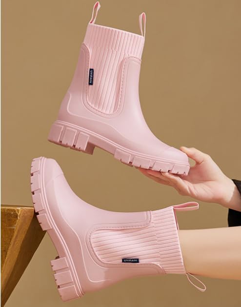 Waterproof Non-Slip Thick Sole Mid-Calf Boots, Ankle Rain Boots for Women, Outdoor Garden Rain Shoes Elastic Mouth Slip-On Soft Outsole Rain Boots