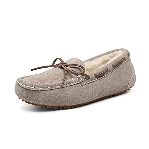 DREAM PAIRS Women's House Slippers Indoor Outdoor Moccasin Fuzzy Fluffy Furry Loafers Suede Leather Warm Shoes,Size 10,Sand,AUZY-02