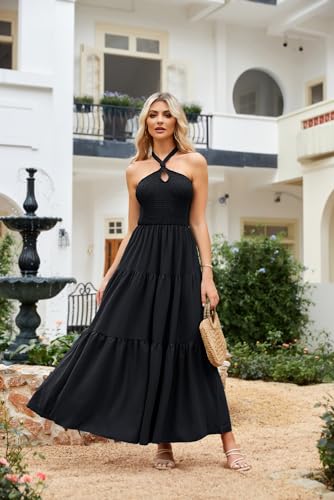 Image of GRACE KARIN Women's Halter Neck Dresses 2024 Sleeveless Smocked Backless Cut Out Flowy Maxi Dress