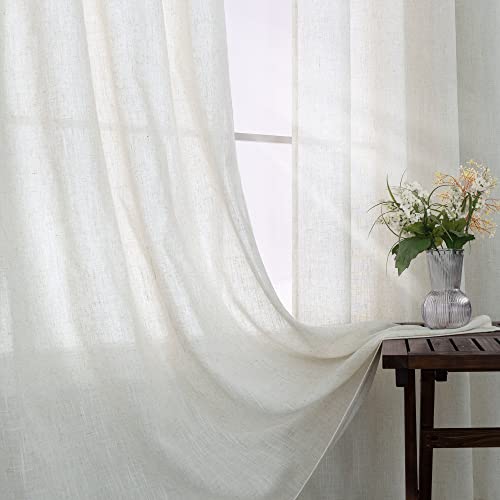 Koufall Linen Window Treatments Sheer Curtain Panels For Living Room With Oil Rubbed Brass Grommet,Natural Flax Light Filtering Floor Length Extra Long Curtains 96 Inches,Pair Set Of 2,Cream Color #TOP5