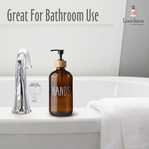 Image of LOOCHICA Hand Amber Glass Soap Dispenser with Pump, Amber Hand Soap Dispenser, Refillable Reusable Apothecary Soap Pump Dispenser Bottles for Bathroom and Kitchen Use