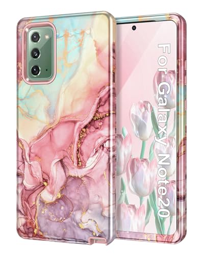 Btscase for Samsung Galaxy Note 20 Case,Marble Pattern 3 in 1 Heavy Duty Shockproof Full Body Rugged Hard PC+Soft Silicone Drop Protective Women Girl Cover for Galaxy Note 20, Rose Gold