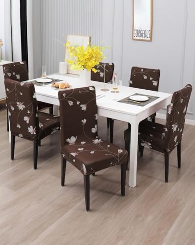 Image of Gifts Island Polyester Floral Print Dining Table Chair Cover Set of 6 Seater Stretchable Washable Chair Seat Slipcover Protector (Brown)