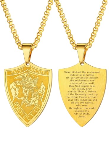 Image of U7 Saint Michael Necklace for Men,Stainless Steel /18K Gold Plated St Michael Archangel /Saint Benedict /Saint Christopher Pendant Amulet Necklace for Men Women