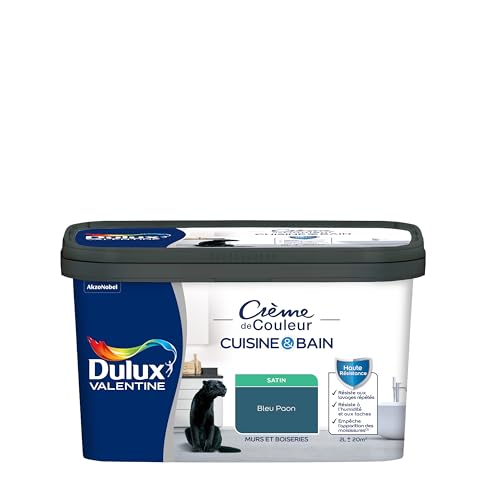 Dulux Valentine Peinture Intérieure Crème de Couleur Cuisine et Salle de Bain - Pièces Humides Murs et Boiseries - Résistant aux taches et à l'humidité - Satin Bleu Paon 2 L