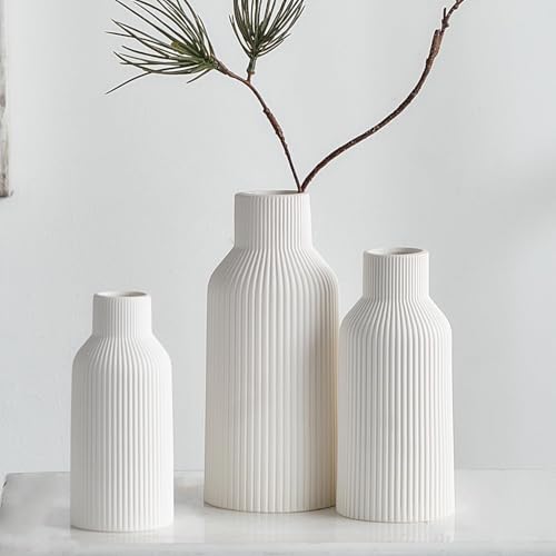 Image of SPHINX Ribbed Pipe Ceramic Vase, Flower Vase, Pampas Grass Vase, Vase for Money Plant Live Plants for Home, Office, or Gifts NO Flowers- (LN-White 9 Inch)