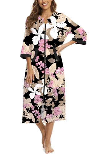 Image of Zipper Robes for Women 3 /4 Sleeve Housecoats Long Lightweight Bathrobe House Dress with Pockets