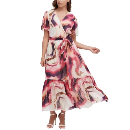 Image of Women's Summer Bohemian Floral Chiffon Dress Cap Sleeve V Neck Ruffle Long Flowy Boho Casual Vacation Dresses