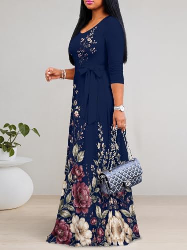 Image of Maxi Dress for Women with Sleeves, Empire Waist Dress | A-line shape, self-tie belt, side pockets and pull-on design; stretch fabric for church, work and casual wear