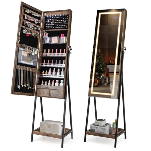 RELAX4LIFE Armario para joyas con luces LED de 3 colores, armario con espejo de cuerpo completo, 2 cajones y estante, organizador de joyas con cerradura y de pie, para dormitorio, salón (marrón)