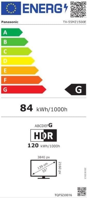 Energy label for Panasonic TX-55MZ1500E showing energy efficiency class G for SDR and HDR, and power consumption values