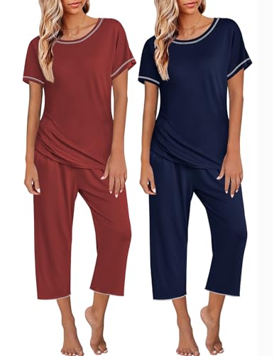 Ekouaer 2 Pack: Women's Pajamas Short Sleeve Sleepwear Tops and Capri Pants Pjs Navy Blue, Wine Red L