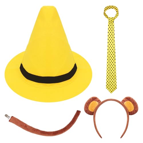 Benwanfee 4Pcs Halloween Couple Costume Set for Adult Yellow Costume with Derby Hat Black Polka Dots Necktie Monkey Headband and Tail for Halloween Dress up Accessories