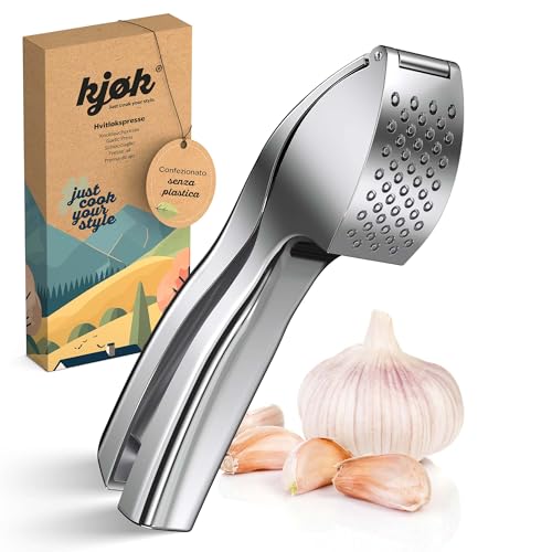 kjøk Premium Schiacciaglio – Lega di zinco, cromata lucida – Pressa per aglio professionale, lavabile in lavastoviglie, pratica & dal design elegante – Garlic Pro Press, facile da pulire