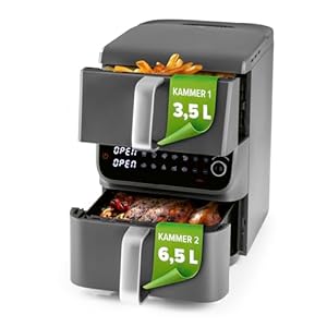 GOURMETmaxx FryUp Doppelkammer Heißluftfritteuse MultiSize - 10 L | vertikaler Airfryer mit 2 Kammergrößen: weniger Garraum verschwenden | 10 Programme & LED-Touchdisplay | Heißluftfritteuse 2 Kammern