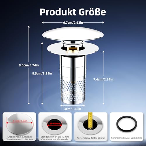 2 Stücke Waschbeckenstöpsel mit Sieb, Pop-up Abflussstopfen Waschbecken, Edelstahl Stöpsel für 35–40mm Abflusslöcher, Anti-Verstopfung Waschbeckenstöpsel mit Abflusssieb,Stöpsel für Spülbecken