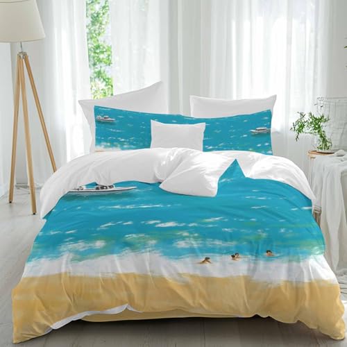 Prime Leader Ocean Beach Duvet Cover Set Queen Size 4 Pieces Watercolor Summer Cruise Ship Swimmers Bedding Set with Zipper Closure, 1 Comforter Cover 68x86 Inches 1 Flat Sheet & 2 Pillow Cases