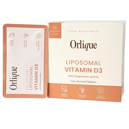 Orlique Vitamina D3 K2 Liposomal con Magnesio – Alta Dosis 100 mcg D3 por Ración Diaria – Apoyo a Inmunidad, Huesos y Músculos – Alta Biodisponibilidad – Vegano – 30 Sobres de 10 ml Líquidos