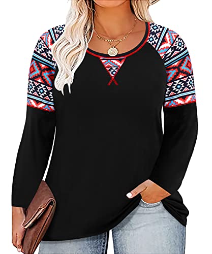 Image of CARCOS Plus Size Tops for Women Color Block Flower /Striped /Camo Crew Neck Long Sleeve Tee Shirt