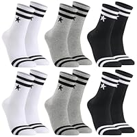 Zuimei 6 Pairs Boys Sport Socks, Kids Crew Socks Girls Black White Grey Ankle Cotton School Athletic Sock 10-15 Years