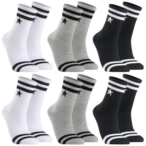 Utensilsto 6er Pack Socken Jungen 38-42 Tennissocken Sportsocken Kinder Socken Baumwolle Kindersocken für Jungen Mädchen, Alltagssocken mit Sportliche Streifen&Stern Motiv