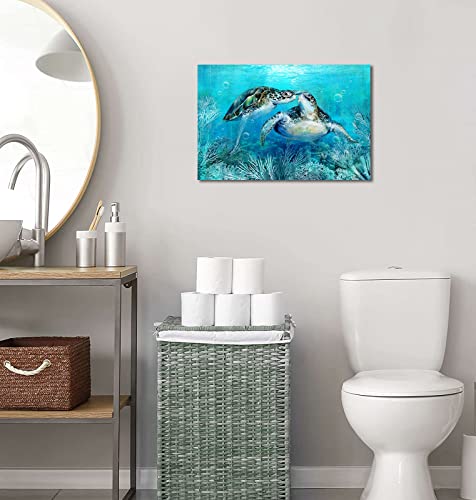 Ocean Canvas Wall Art Sea Turtle Wall Pictures Coral Theme Painting Modern Artwork Family Wall Decor Blue Seascape Prints For Bathroom Decoration Bedroom Living Room Kids Room Randy To Hang 16" X24" #TOP4