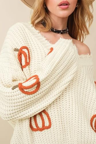 Women's Beige Cable Knit Pumpkin Raw Hem V Neck Sweater3